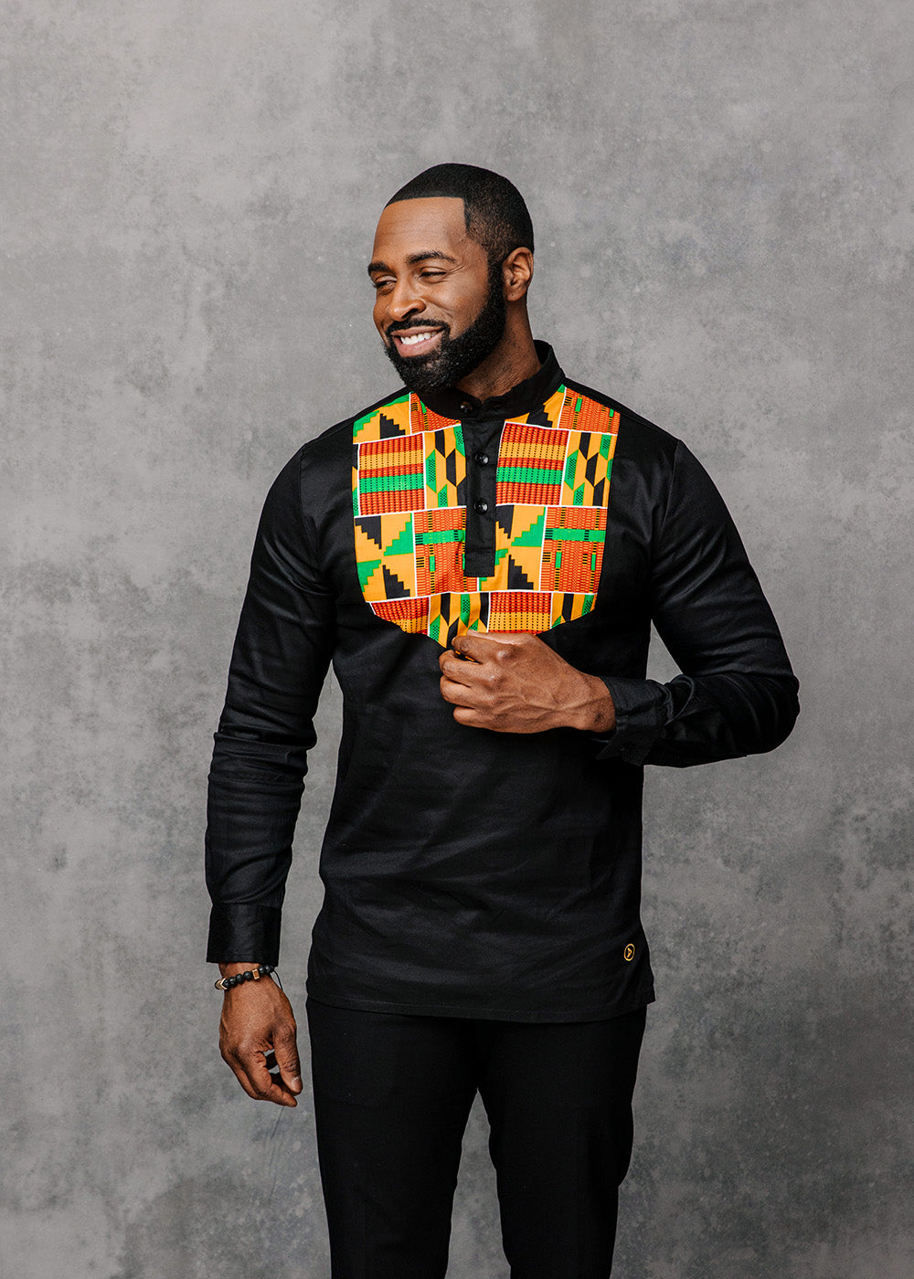 Meka Men s African Print Collared Henley Yellow Green Kente