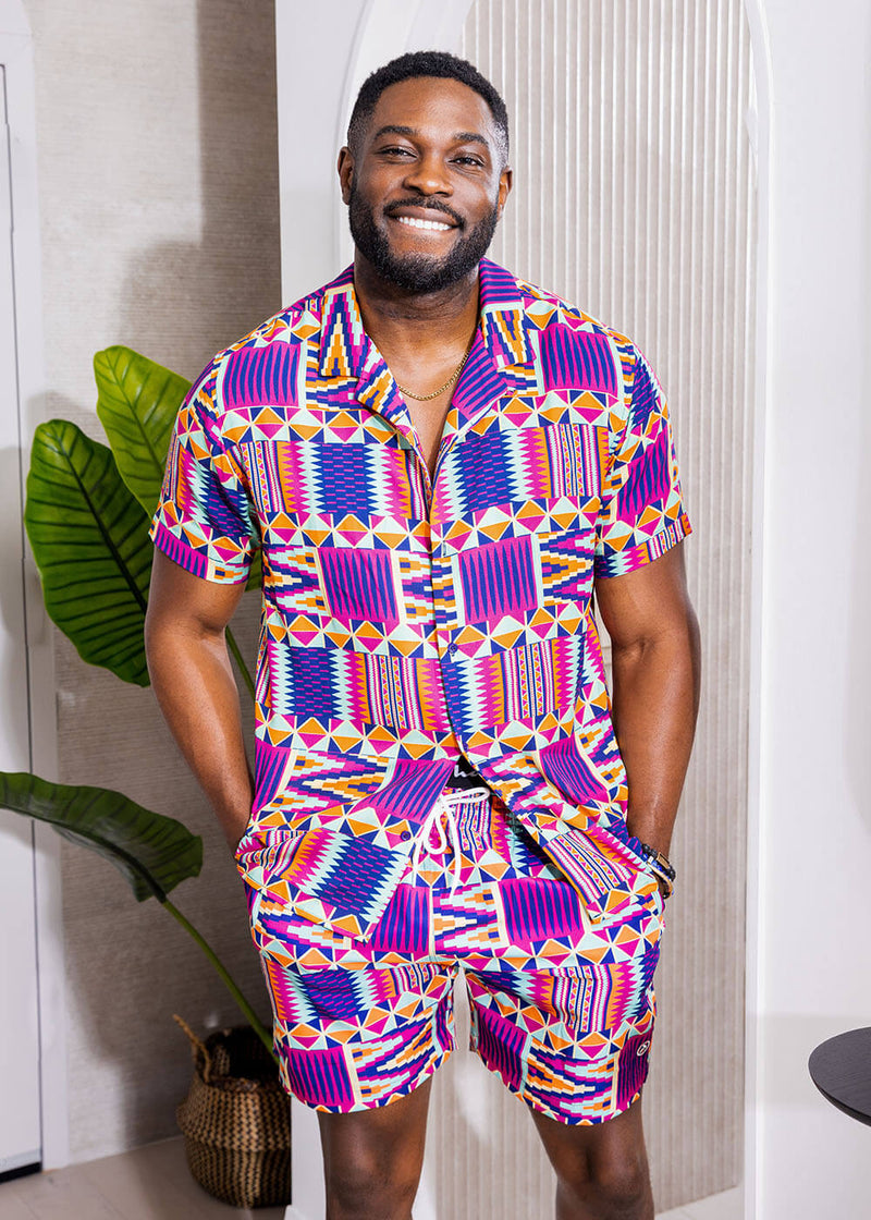 Malik Men's African Print Lightweight Button-Up Shirt (Mint Purple Ken ...