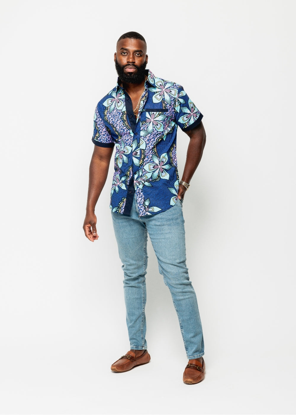 Deion Men's African Print Short Sleeve Button-Up Shirt (Light Blue Pink Iris)