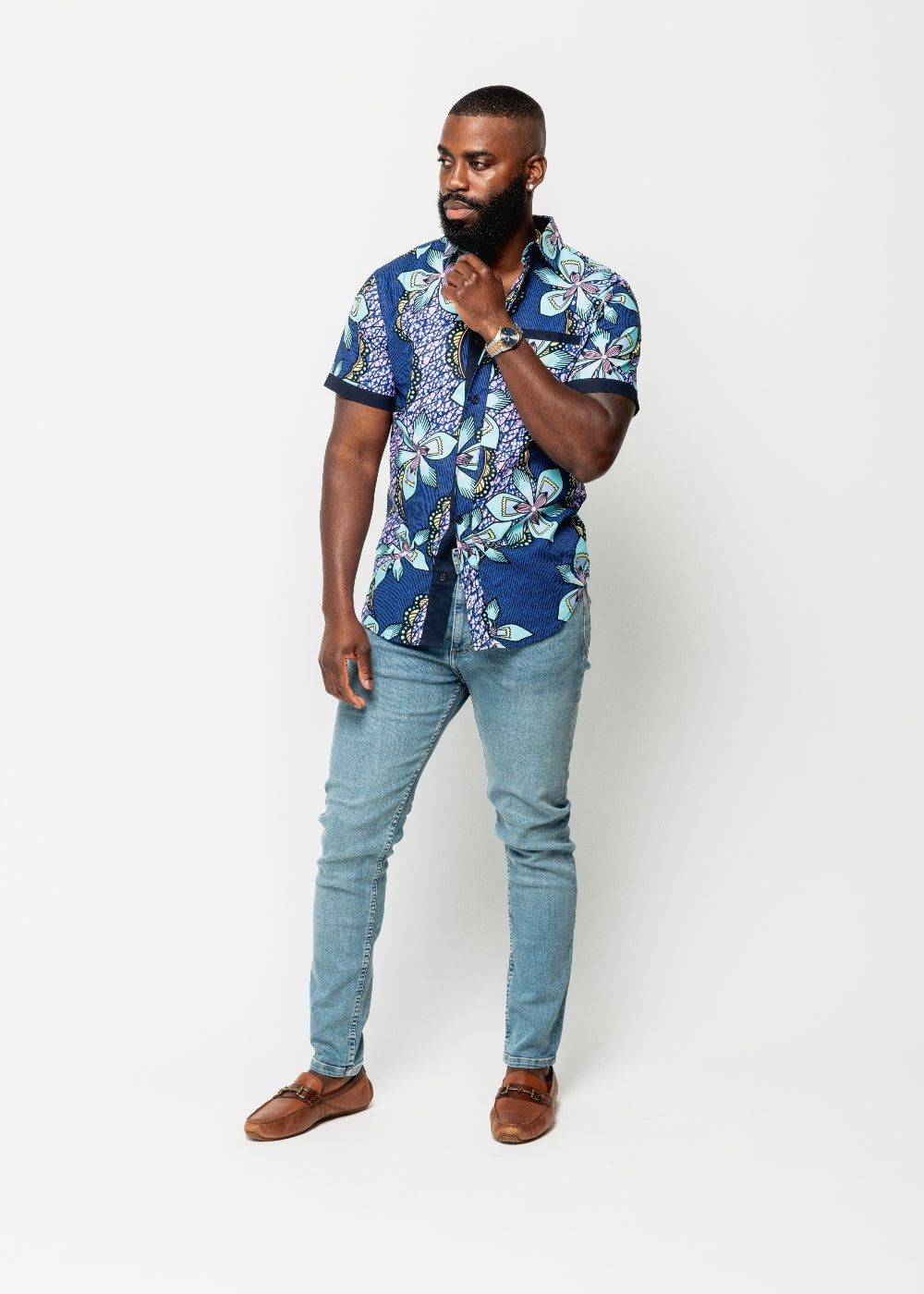 Deion Men's African Print Short Sleeve Button-Up Shirt (Light Blue Pink Iris)