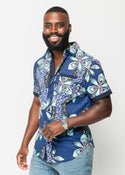 Deion Men's African Print Short Sleeve Button-Up Shirt (Light Blue Pink Iris)