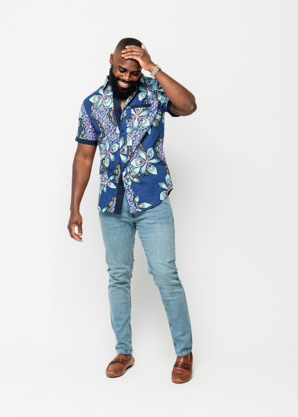 Deion Men's African Print Short Sleeve Button-Up Shirt (Light Blue Pink Iris)