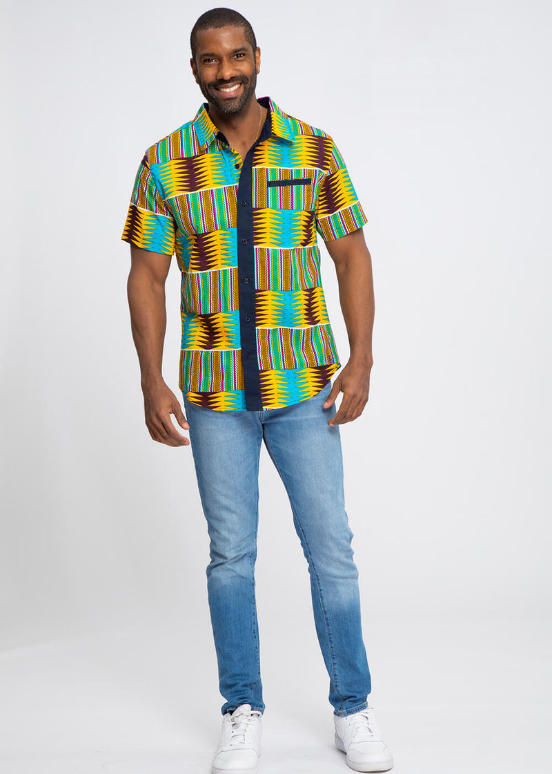 Kente Cloth Yellow/Royal Blue Print Long Sleeve Button Up Shirt