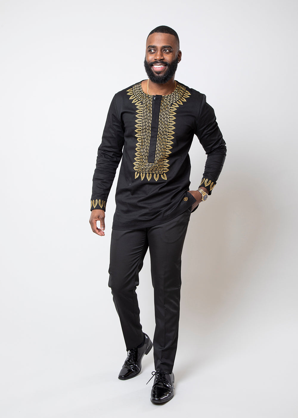 Karim Men s Embroidered Traditional Top Black with Gold Embroidery