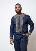 Karim Men's Embroidered Traditional Shirt (Navy with Gold Embroidery)