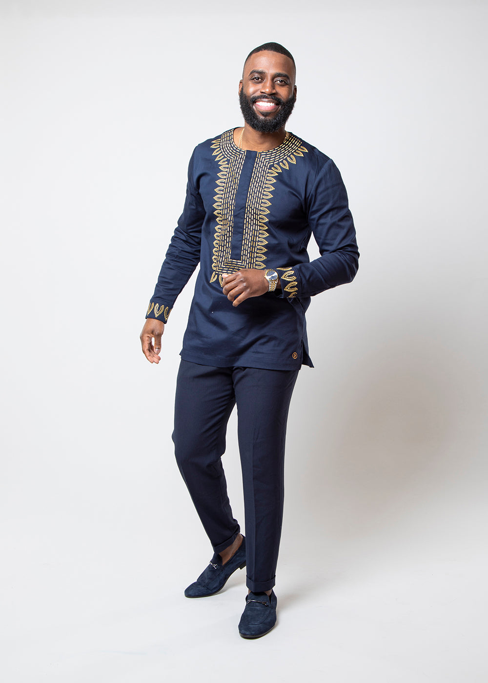 Karim Men's Embroidered Traditional Top Navy with Gold Embroidery – D'IYANU