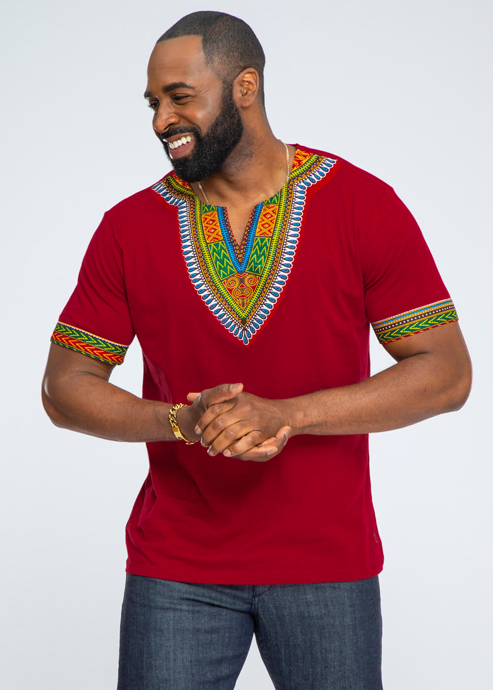 African Print Men's Dashiki T-Shirt (Maroon)