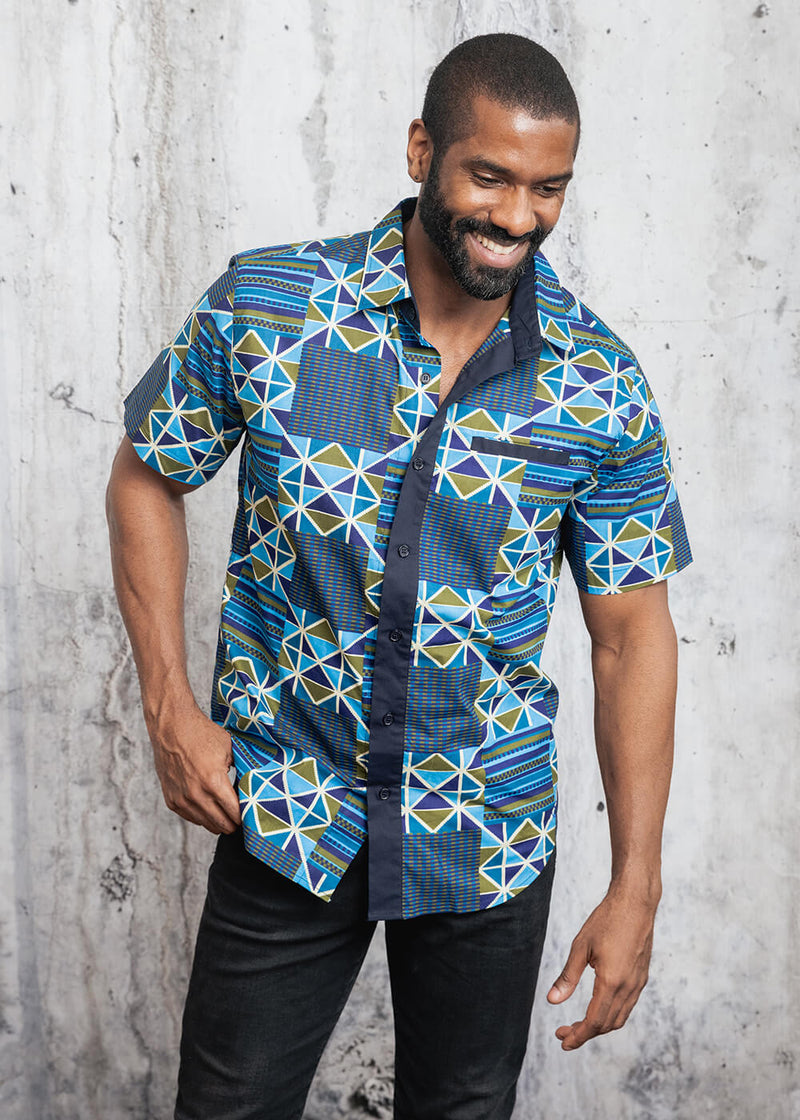 Dhiso African Print Button-Up Shirt Navy Olive Kente – D'IYANU
