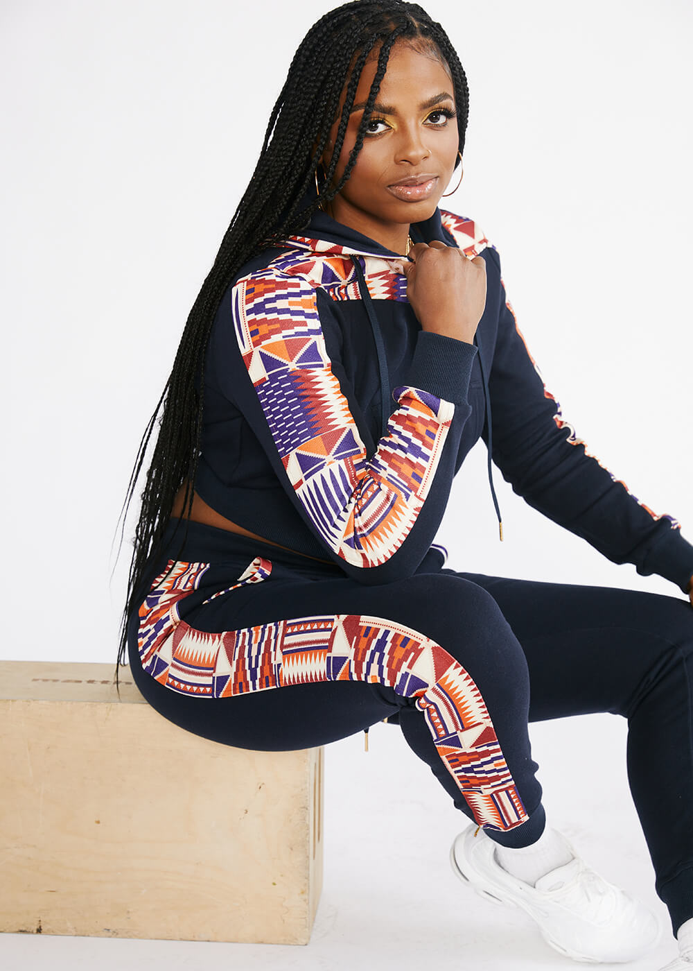 Mojuta Women's African Print Color-Blocked Zip-Up Hoodie (Navy/Cream Maroon Kente) - Clearance