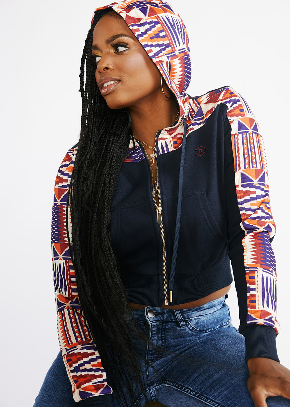 Mojuta Women's African Print Color-Blocked Zip-Up Hoodie (Navy/Cream Maroon Kente) - Clearance