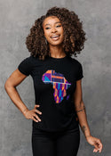 Farai Women's African Print Africa Map T-shirt (Black/Purple Navy Kente) -Clearance