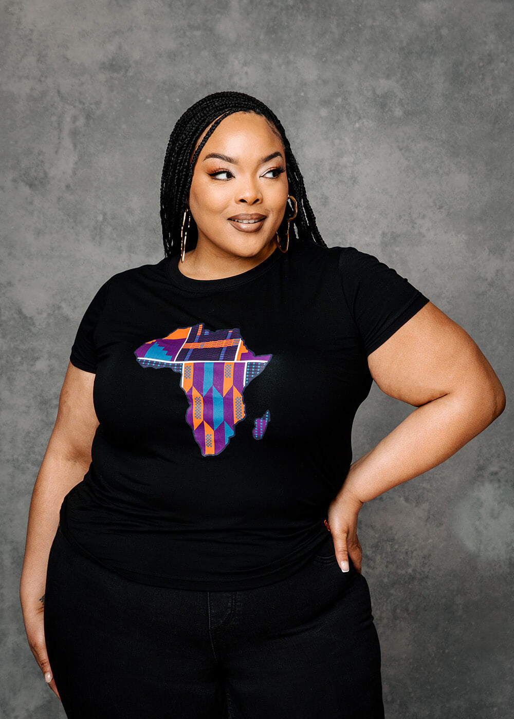 Farai Women's African Print Africa Map T-shirt (Black/Purple Navy Kente) -Clearance