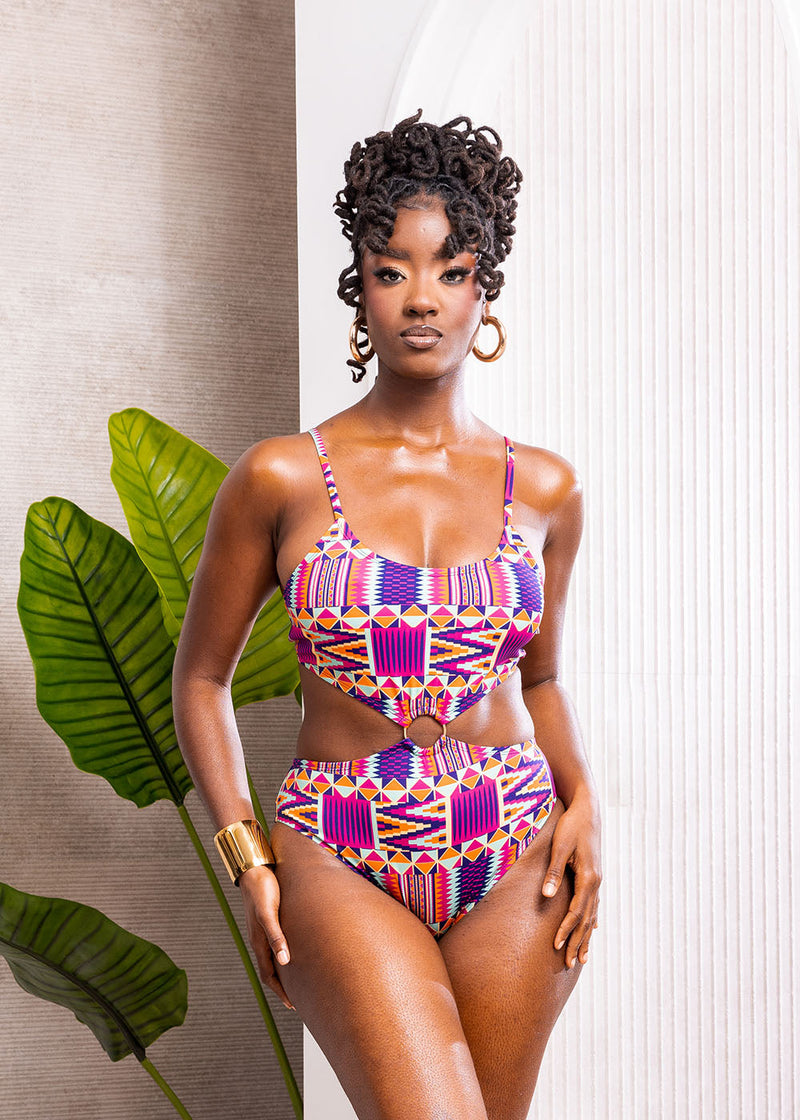 Chika Women's African Print Cut-Out Swimsuit (Mint Purple Kente