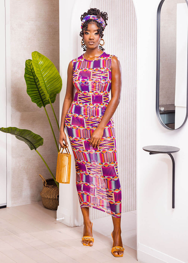 Jamilia Women's African Print Mesh Cover-Up Dress (Mint Purple Kente ...