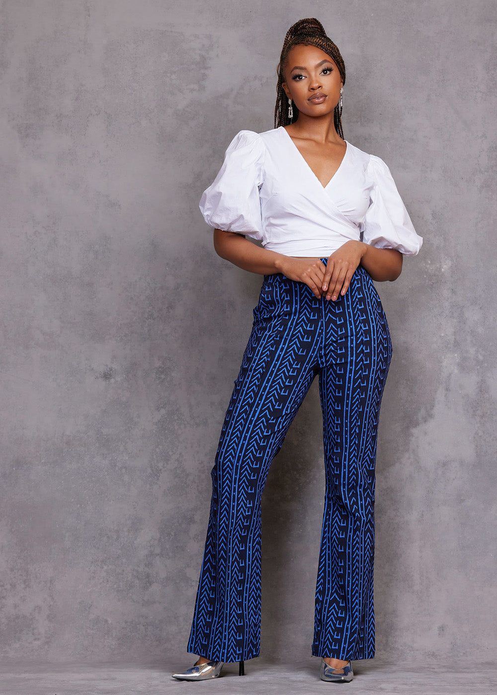 Abebe Women's African Print Stretch Wide Leg Pants (Blue Navy Mudcloth)