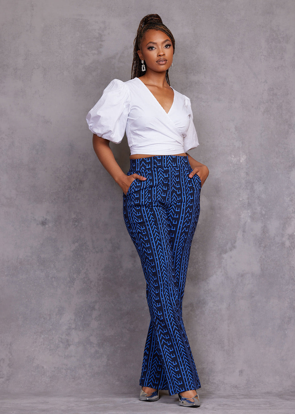 Abebe Women's African Print Stretch Wide Leg Pants (Blue Navy Mudcloth)