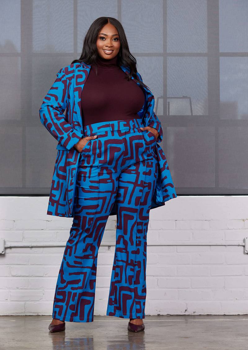 Abebe Women's African Print Stretch Wide Leg Pants (Fig Blue Geometric – D' IYANU
