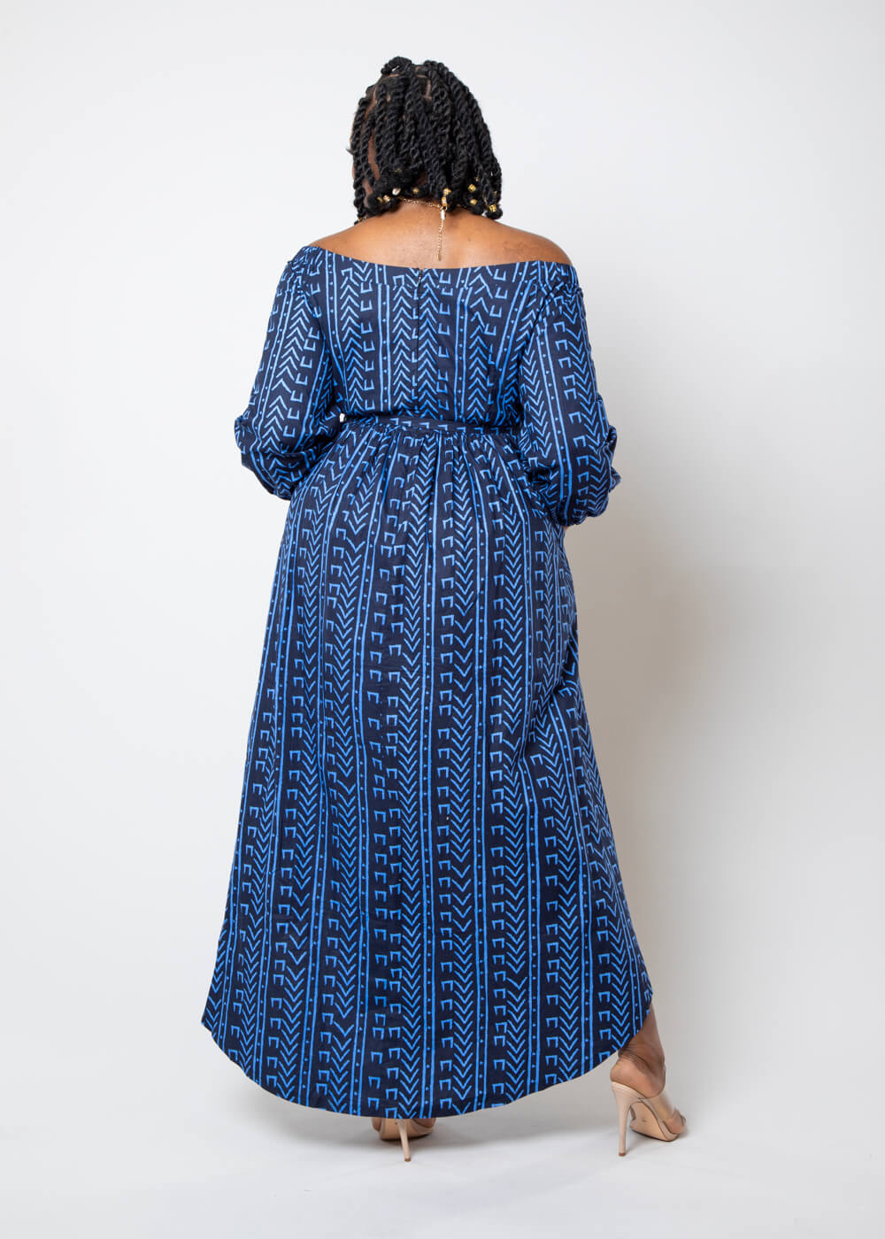 Afua African Print High-Low Off-Shoulder Maxi Dress Blue Navy Mudcloth