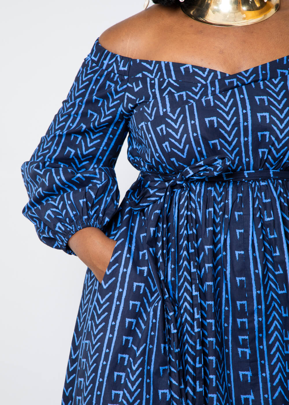 Afua African Print High-Low Off-Shoulder Maxi Dress Blue Navy Mudcloth