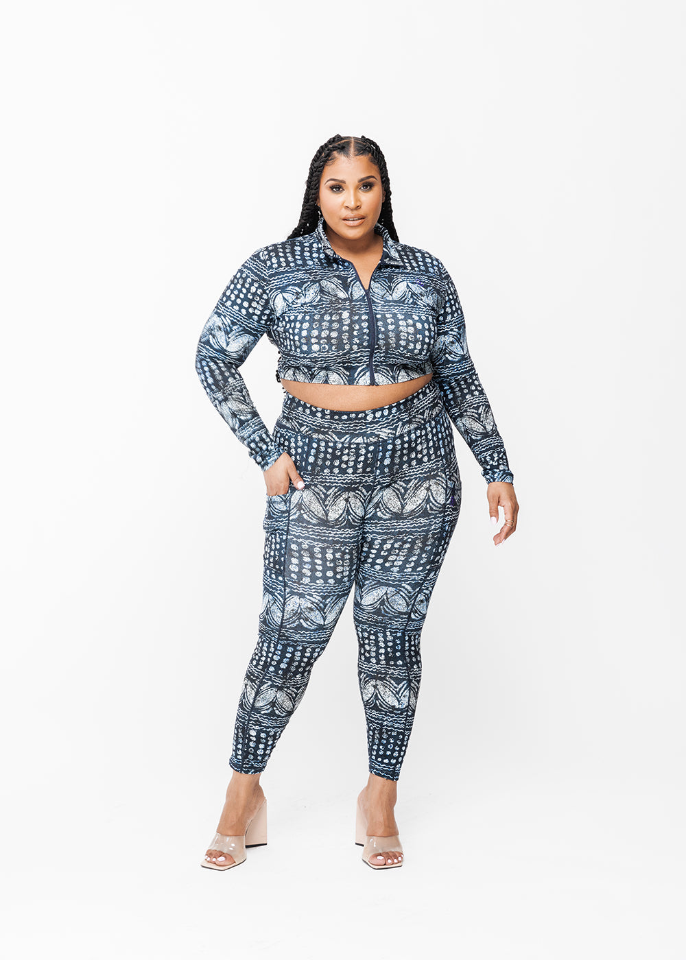 Anaya Women's African Print Zip-Up Crop Top (Navy Gray Adire) - Clearance