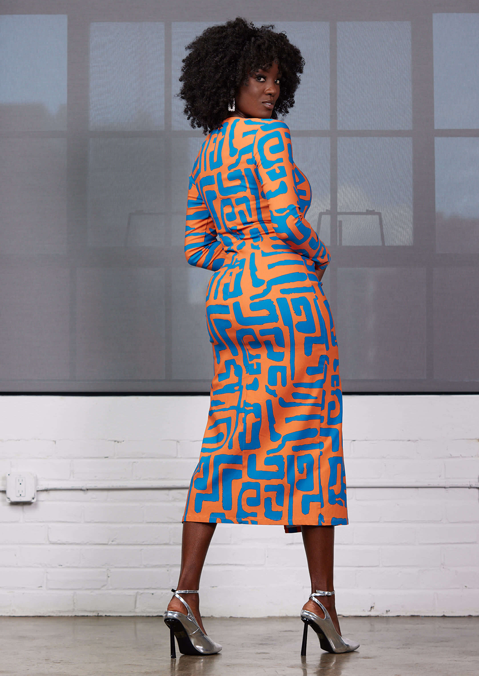 Chidima Women's African Print Stretch Midi Dress (Orange Blue Geometric)