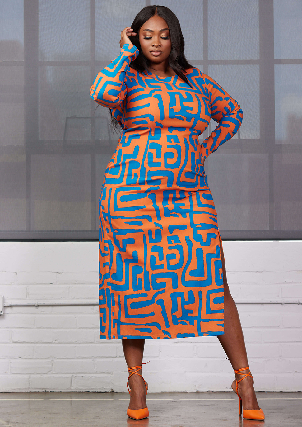 Chidima Women s African Print Stretch Midi Dress Orange Blue Geometri