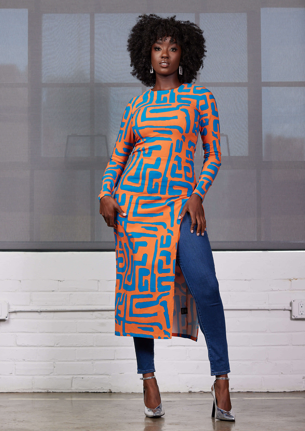 Chidima Women's African Print Stretch Midi Dress (Orange Blue Geometric)