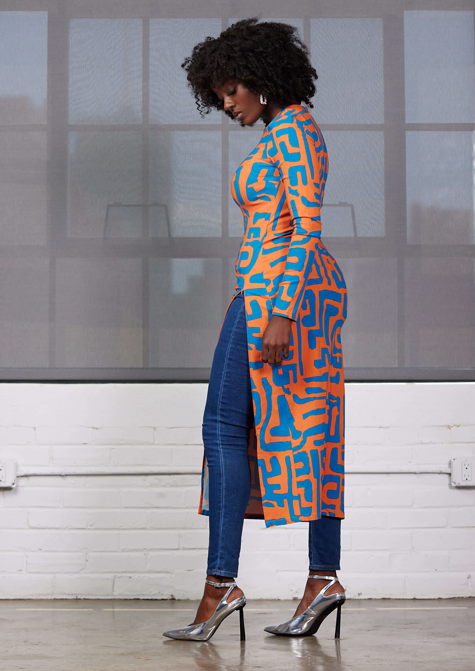 Chidima Women's African Print Stretch Midi Dress (Orange Blue Geometric)