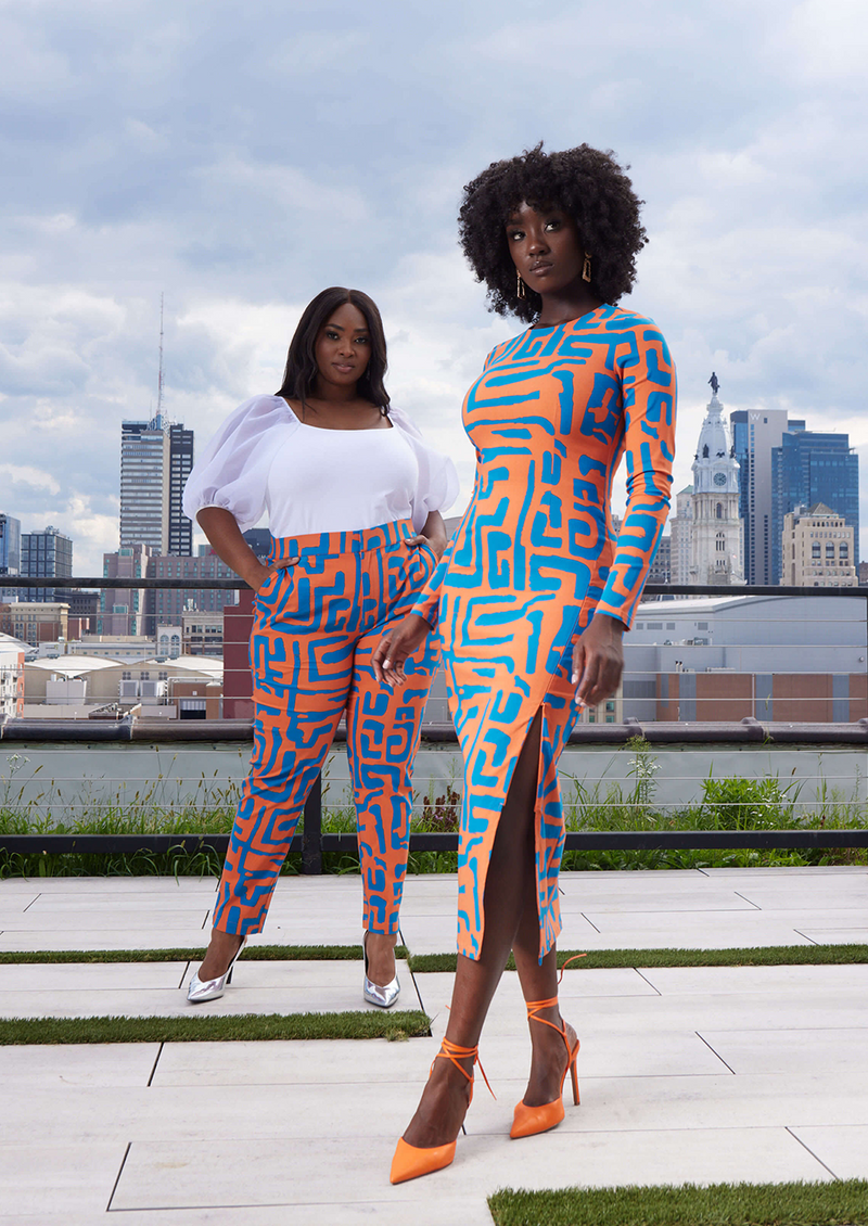 Chidima Women's African Print Stretch Midi Dress (Orange Blue Geometri –  D'IYANU