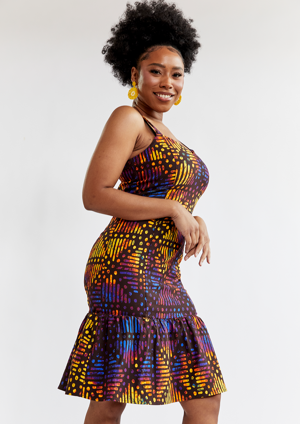 Gazania Women's African Print Stretch Dress (Sunset Adire) - Clearance