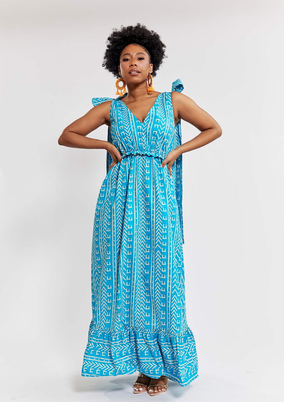 Kulale Women's African Print Maxi Dress (Sky Blue Mudcloth) - Clearance