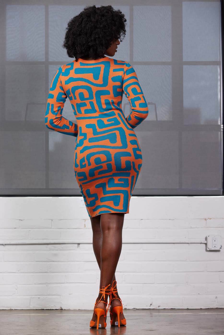 Marah Women's African Print Sweater Dress (Orange Blue Geometric)