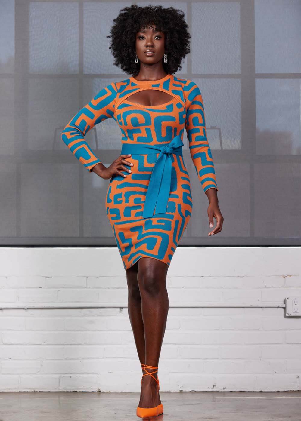 Marah Women's African Print Sweater Dress (Orange Blue Geometric)