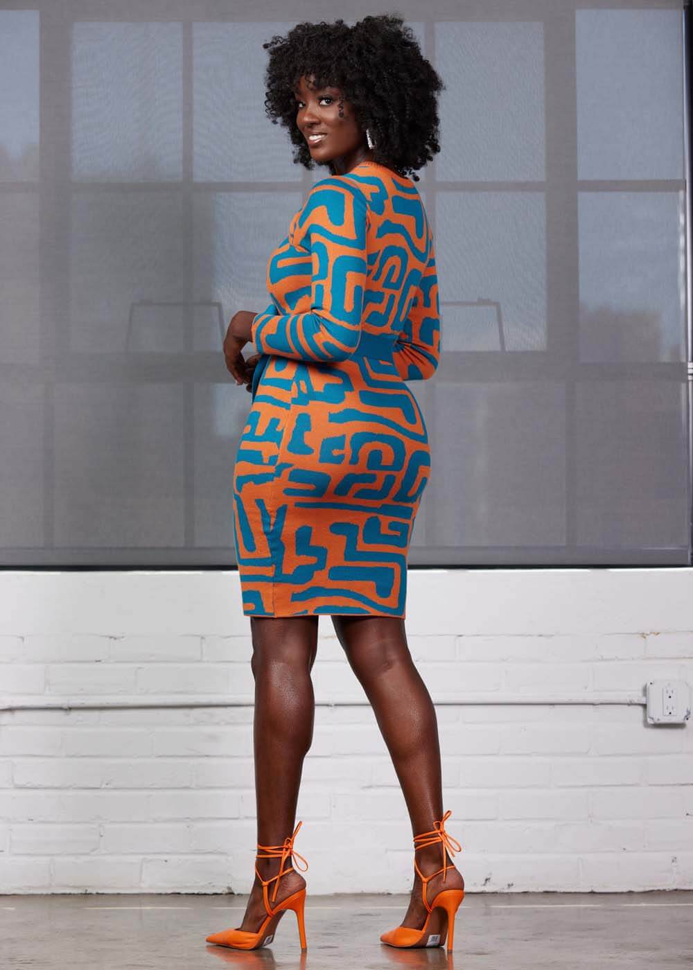 Marah Women's African Print Sweater Dress (Orange Blue Geometric)