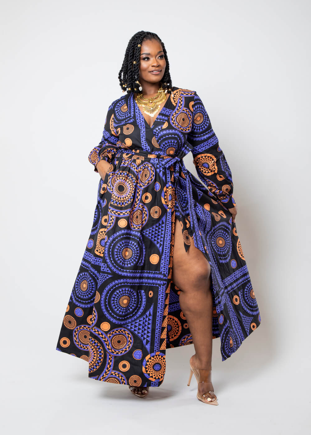 Rehema Women's African Print Faux Wrap Maxi Dress (Purple Mandala)