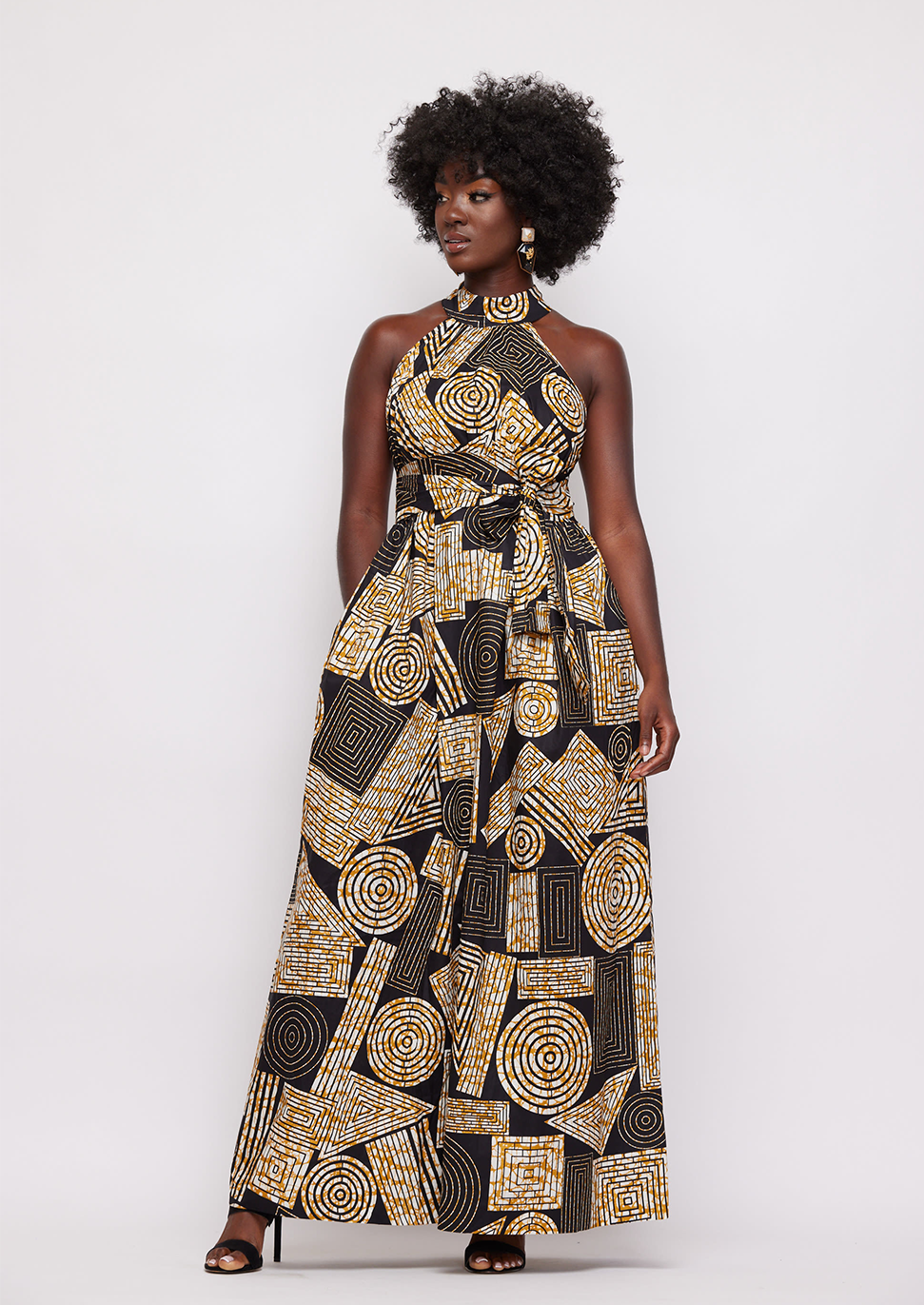 Ronke African Print Halter Maxi Dress Black Brown Geometric