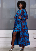 Taraji Women's African Print Trench Coat (Fig Blue Geometric) - Clearance