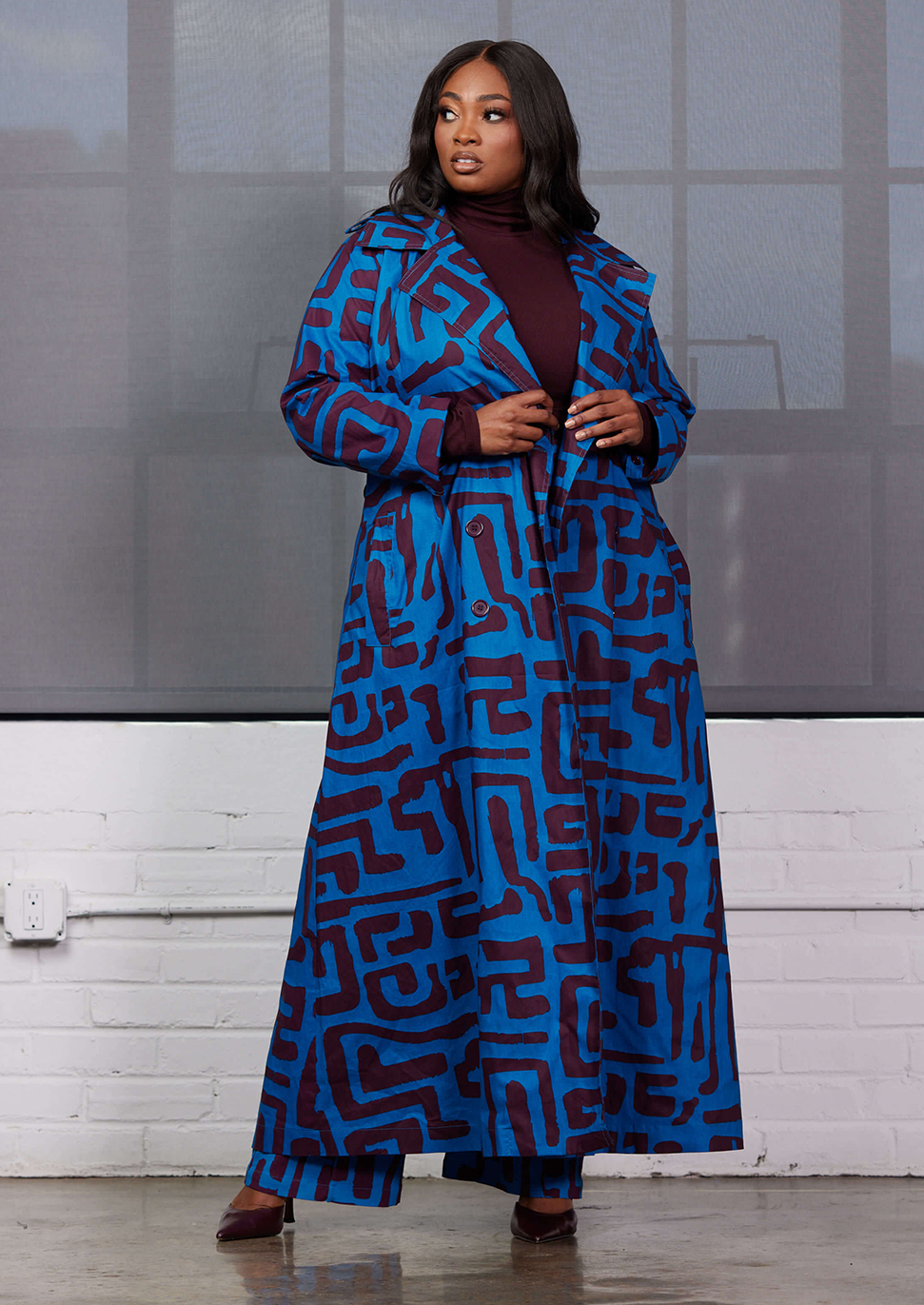 Taraji Women's African Print Trench Coat (Fig Blue Geometric) - Clearance