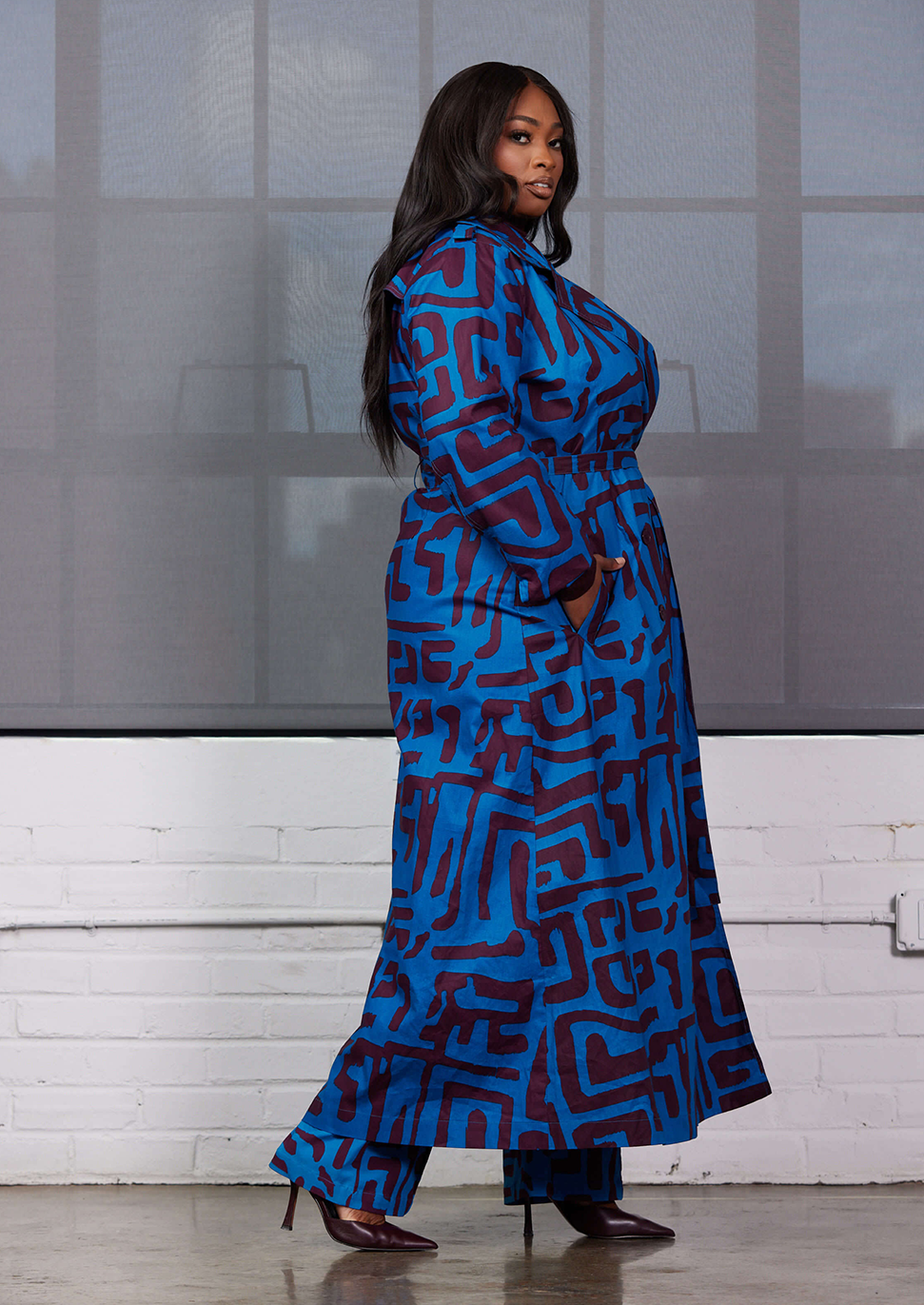 Taraji Women's African Print Trench Coat (Fig Blue Geometric) - Clearance