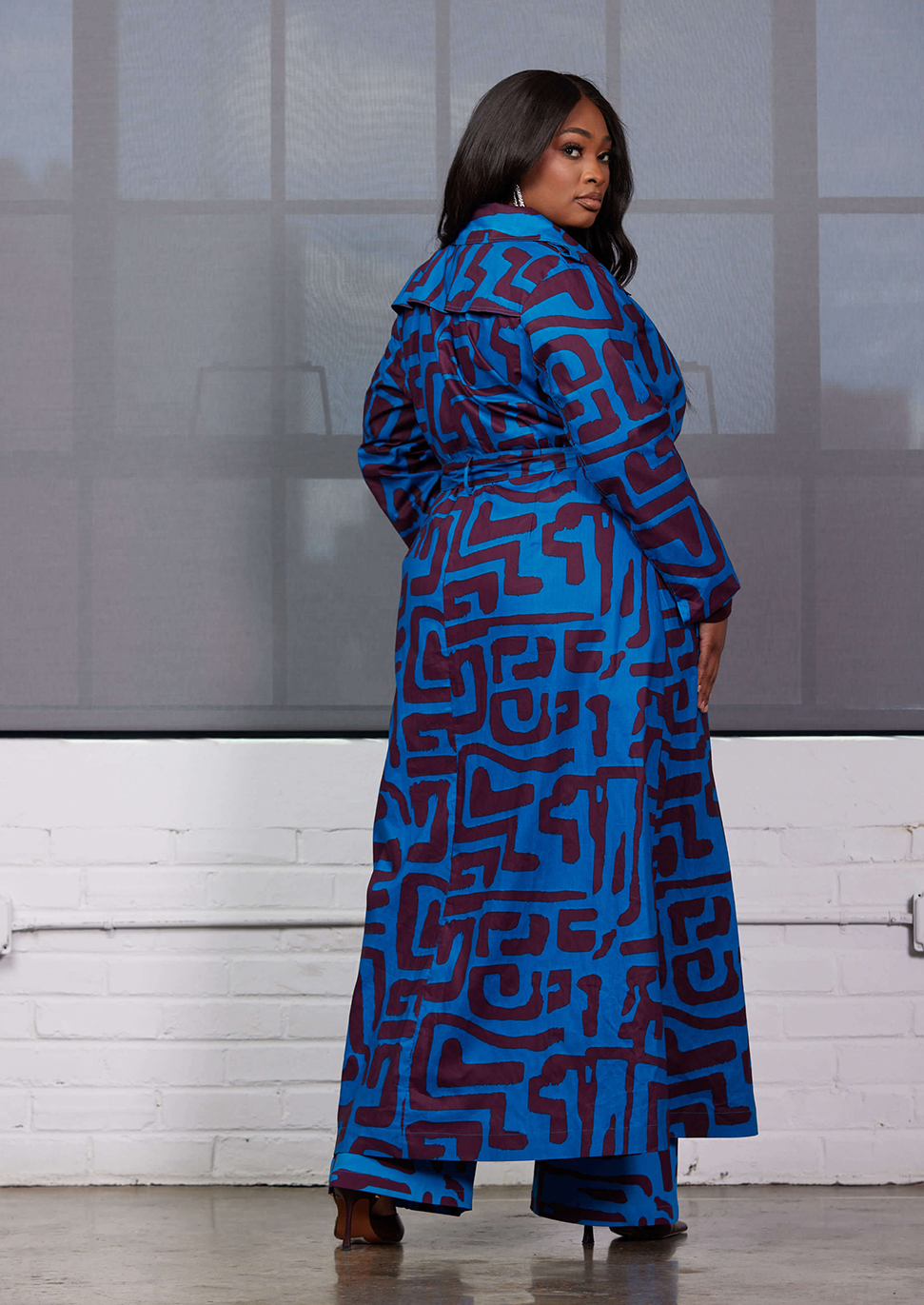 Taraji Women's African Print Trench Coat (Fig Blue Geometric) - Clearance