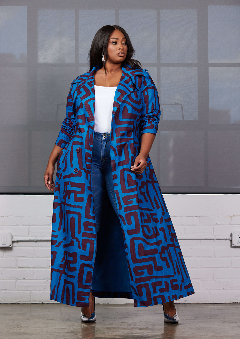 Taraji Women's African Print Trench Coat (Fig Blue Geometric) - Clearance