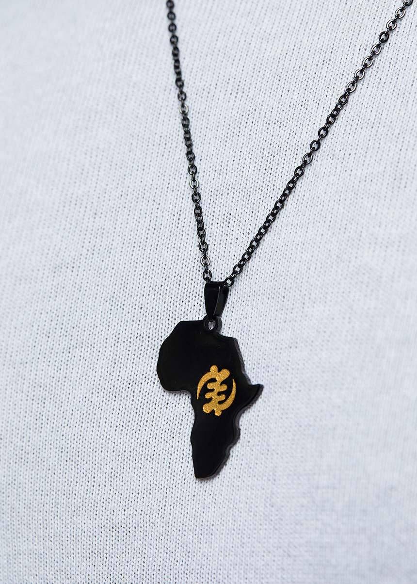 Accessories - Adinkra Africa Map Black Necklace- Supremacy Of God Symbol