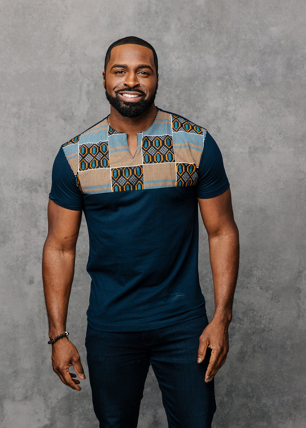 Dayo Men's African Print T-Shirt (Blue/Tan/Navy)