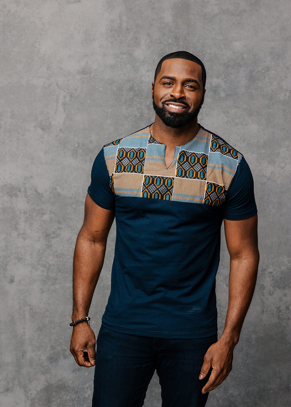 Dayo Men's African Print T-Shirt (Blue/Tan/Navy)