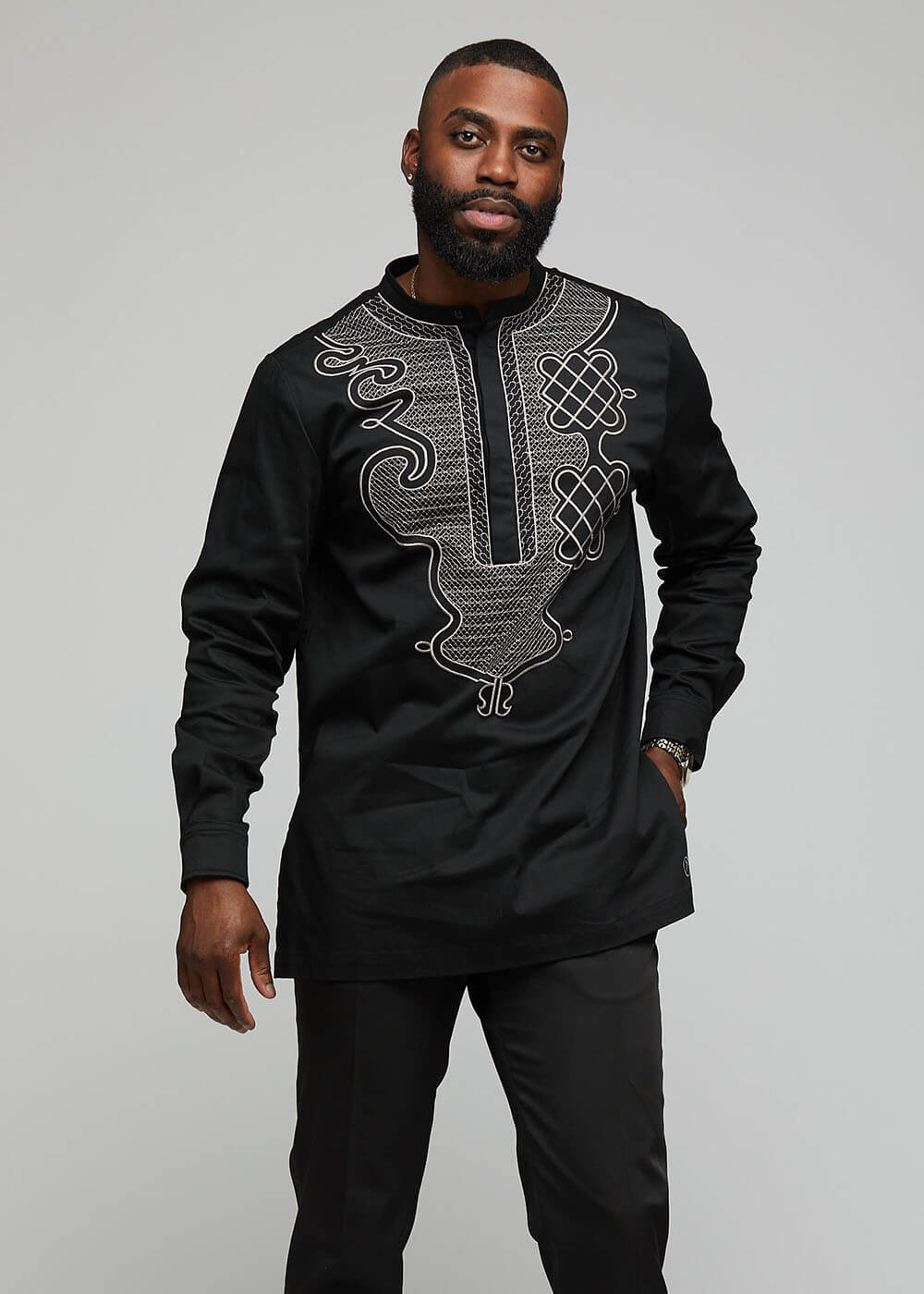 Dubaku Men's Traditional African Embroidery Shirt Black – D'IYANU