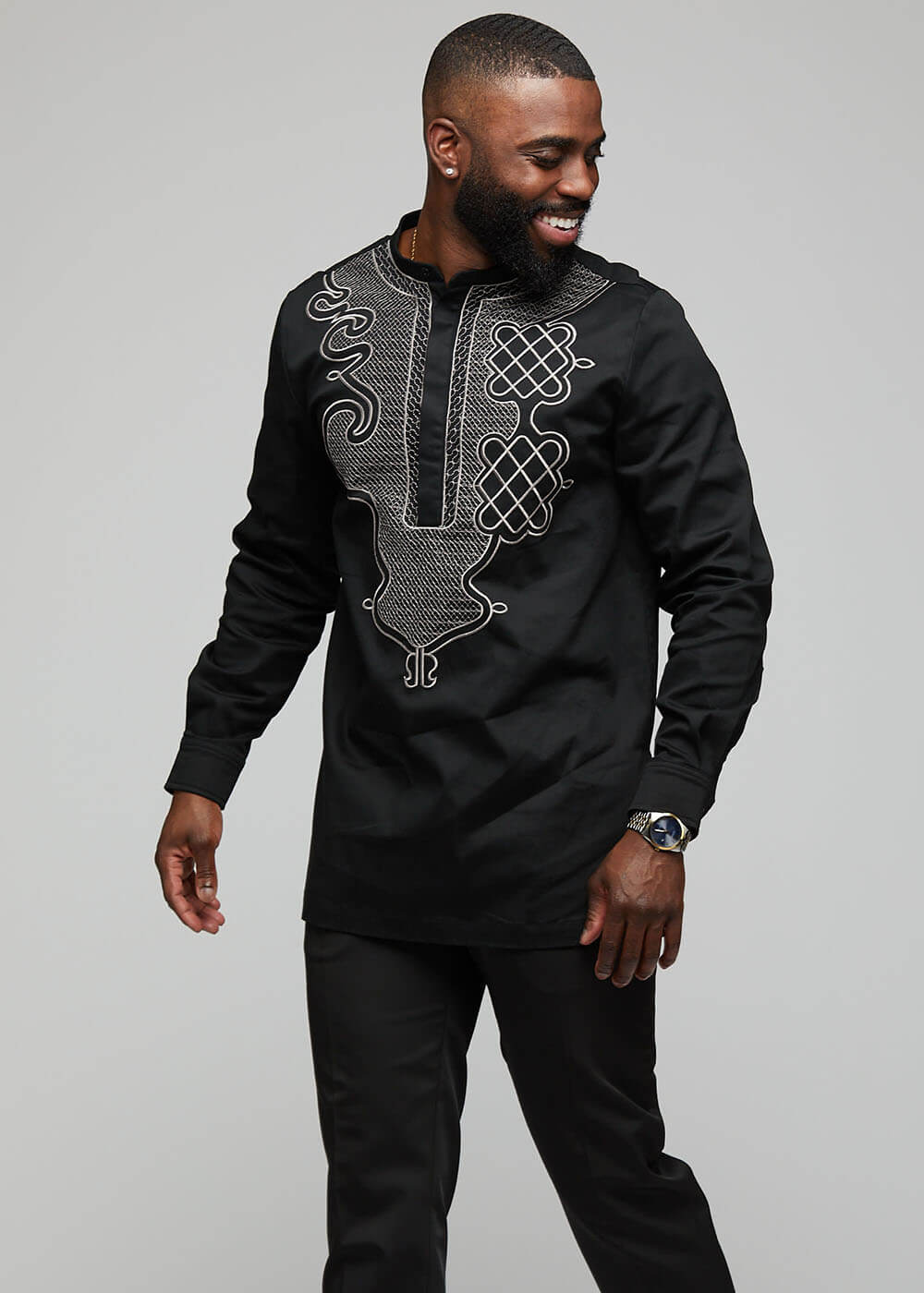 Dubaku Men's Traditional African Embroidery Shirt Black – D'IYANU