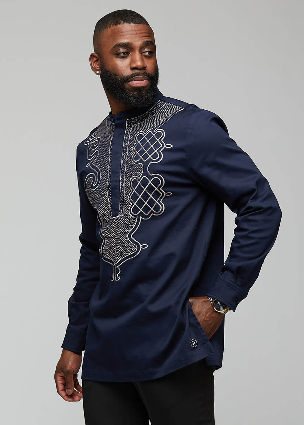 Dubaku Men s Traditional African Embroidery Shirt Navy