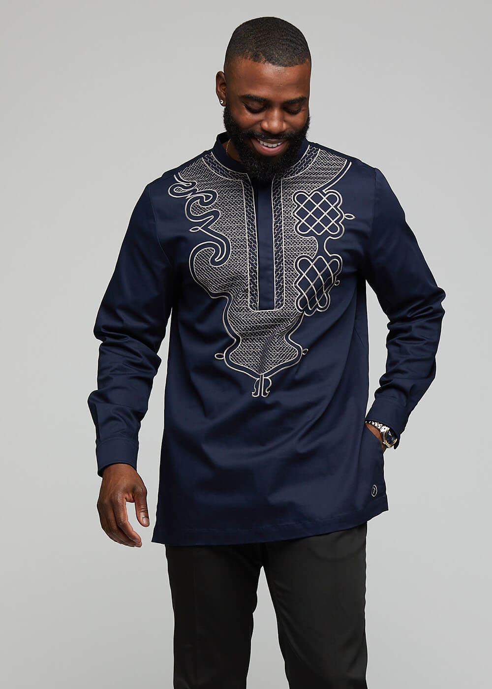 Dubaku Men's Traditional African Embroidery Shirt Navy – D'IYANU