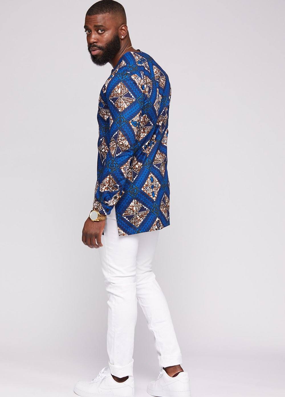 Jafari Mens African Print Long Sleeve Traditional Shirt Blue Tan Dia