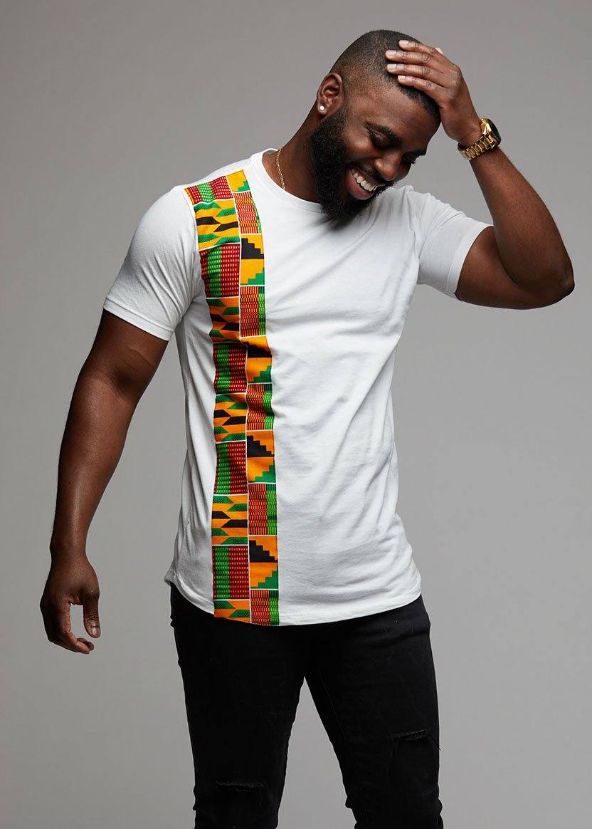 Men's Tops - Sadik African Print Short Sleeve Tee (Yellow Green Kente On White))